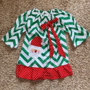 3t girls green and white chevron dress with Santa.